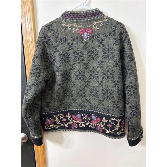 Icelandic Wool Floral Embroidery Zip Front Sweater Cardigan Green Sz M Pockets - Picture 10 of 15